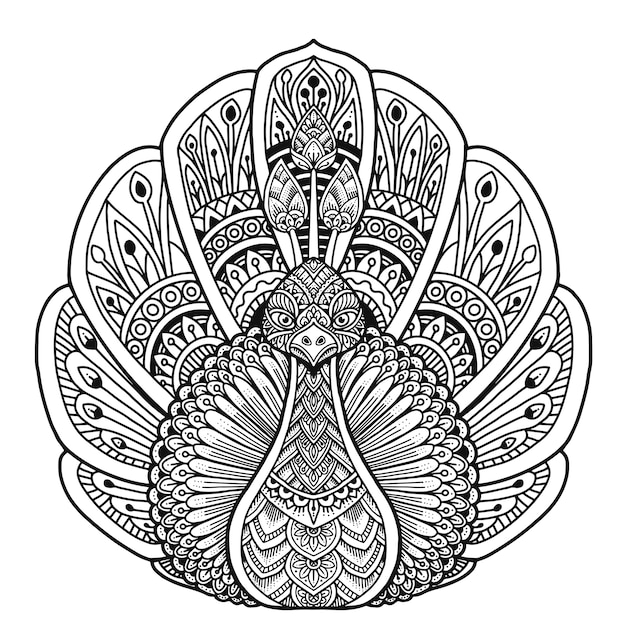 Download Peacock coloring book mandala design | Premium Vector