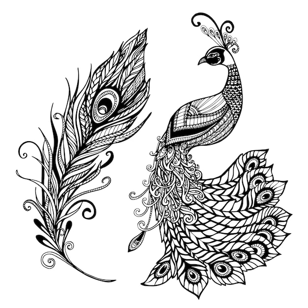 Download Peacock feather design black doodle print | Free Vector