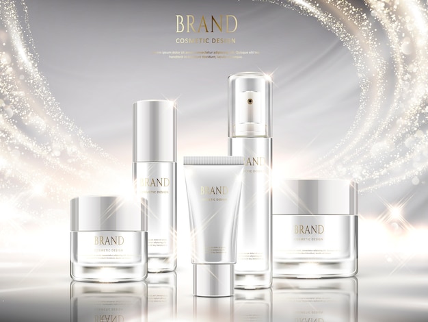 Pearl white skincare ads, cosmetic package  set with glittering light effect in  illustration Premiu