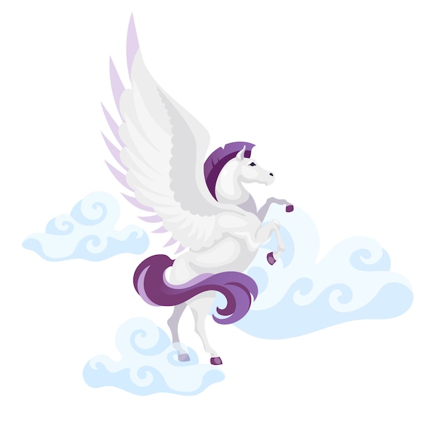 ペガサスフラットイラスト 神話上の生き物が空を飛んでいます 空の幻想的な獣 ギリシャ神話 自由のシンボルです 白い背景で隔離された翼を持つ漫画のキャラクターの馬 プレミアムベクター
