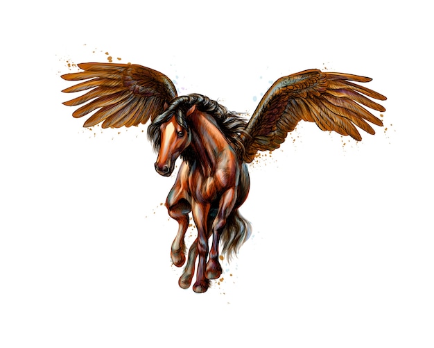 水彩画のスプラッシュからペガサス神秘的な翼のある馬 手描きのスケッチ 塗料のイラスト プレミアムベクター