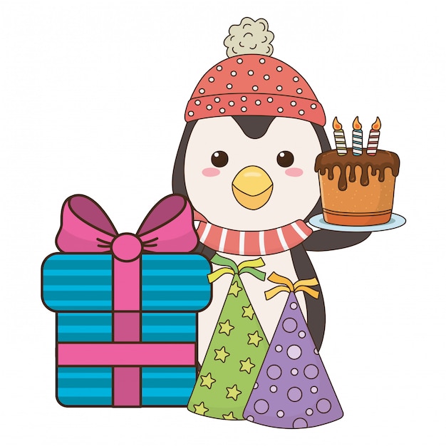 Download Penguin cartoon with happy birthday icon | Premium Vector