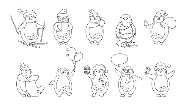 ペンギンクリスマス漫画ラインセット かわいいフラット手描きペンギンコレクション 新年笑顔線形文字 サンタ帽子 風船 ガーランド ギフトスキー 吹き出し プレミアムベクター