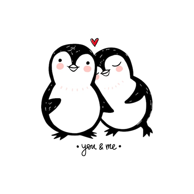 ペンギンのカップルはイラストが大好きです かわいい動物を落書き 文字 プレミアムベクター
