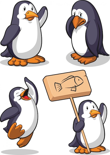 いくつかのポーズのペンギン 幸せ 悲しい ジャンプ 持株記号 プレミアムベクター