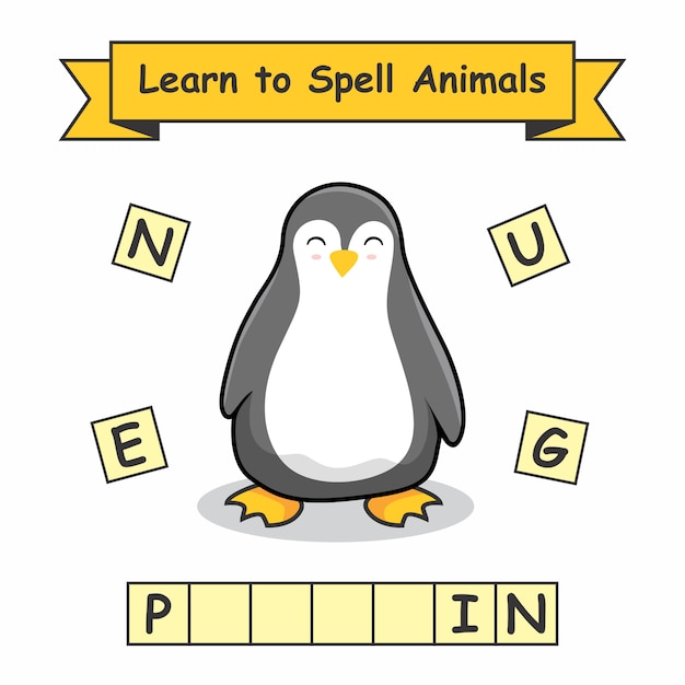 Premium Vector | Penguin learn to spell animals worksheet