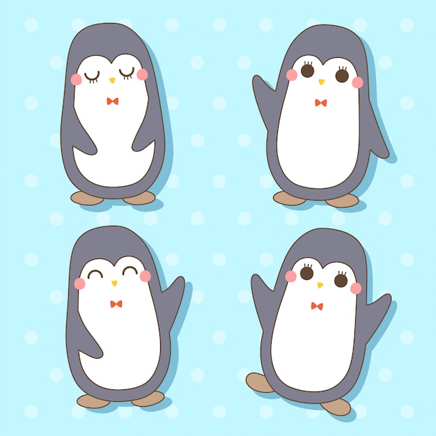 ペンギン かわいい動物かわいいキャラクターイラストのセット プレミアムベクター