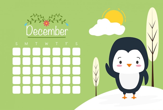 Penguin with calendar, cute animals, flat and cartoon style, illustration Free Vector