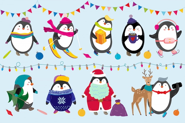 ペンギンは冬と新年の衣装でクリスマスイラスト幸せな面白い動物キャラクターを祝います プレミアムベクター