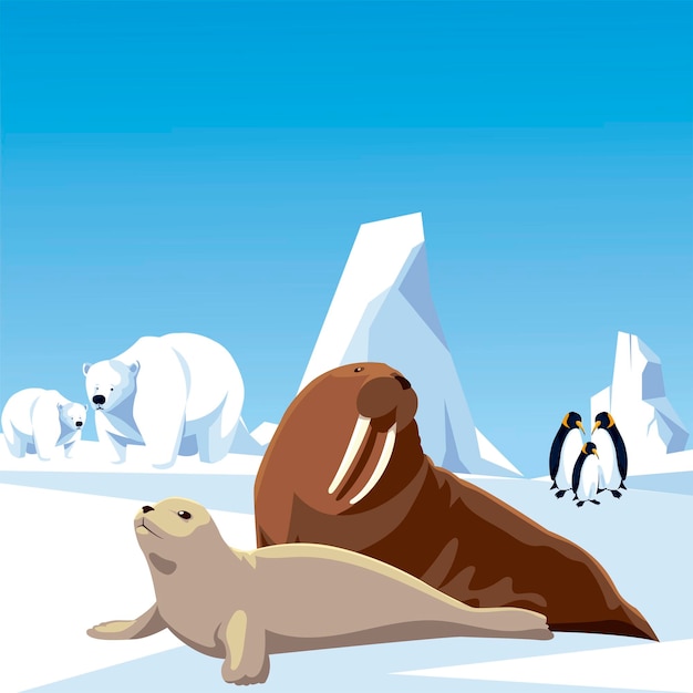 ペンギンホッキョクグマセイウチとアザラシ動物北極と氷山の風景イラスト プレミアムベクター