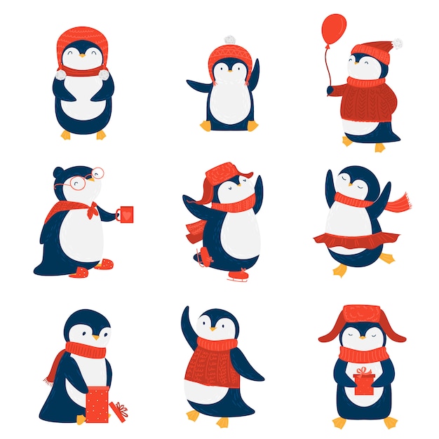 ペンギンセット フラットな漫画のスタイルのイラスト プレミアムベクター