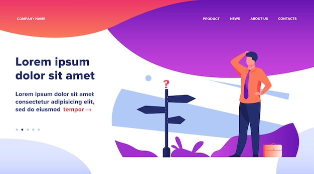 物思いにふけるビジネスマンが意思決定 道路方向標識に立っているオフィススーツの男 機会 ソリューション アイデアコンセプトのベクトル図 無料のベクター