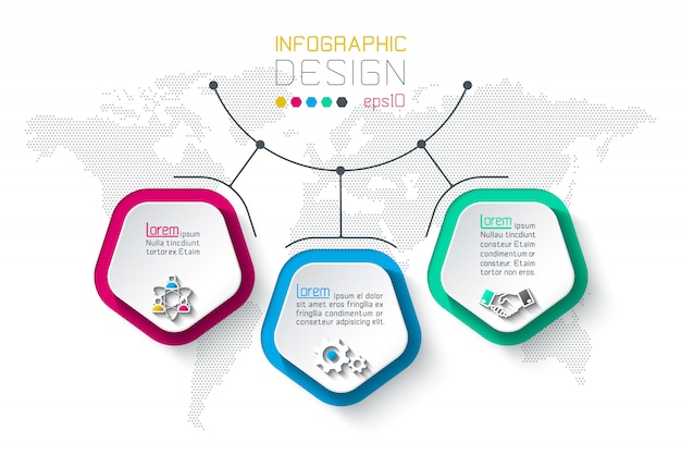 Pentagons label infographic with 3 steps. Premium Vector