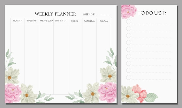 Premium Vector | Peony watercolor flower weekly planner