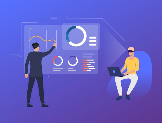 People analyzing financial charts in virtual interface Free Vector