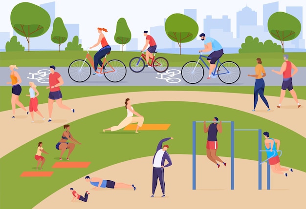 人々は積極的に時間を過ごしています 公園でスポーツをしたり ジョギング サイクリング 運動場 フラットな漫画スタイルのカラフルなイラスト プレミアムベクター