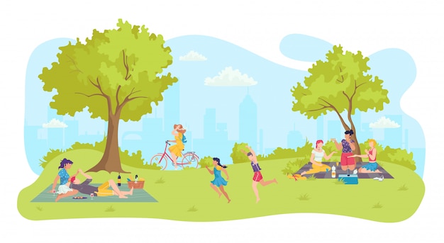 漫画のピクニック 幸せな公園レジャーイラストの人々 夏の自然風景と屋外都市での家族のライフスタイル 木の近くの男性女性活動 グループキャラクターの週末 プレミアムベクター