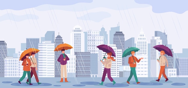人々は秋の雨 男性と女性は 街の風景 雨の日 秋の季節のベクトルの概念で傘を持って歩いたり 雨の中で立っています 街の秋の雨 人々は傘のイラストを保持します プレミアムベクター