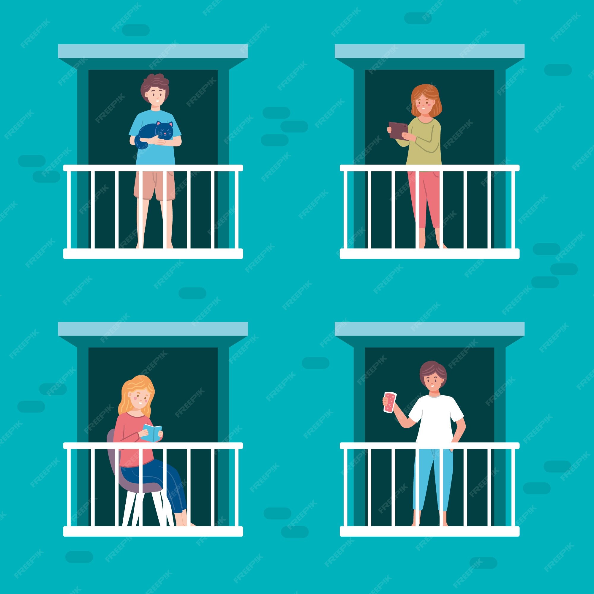 Free Vector | People on balconies with pets and objects