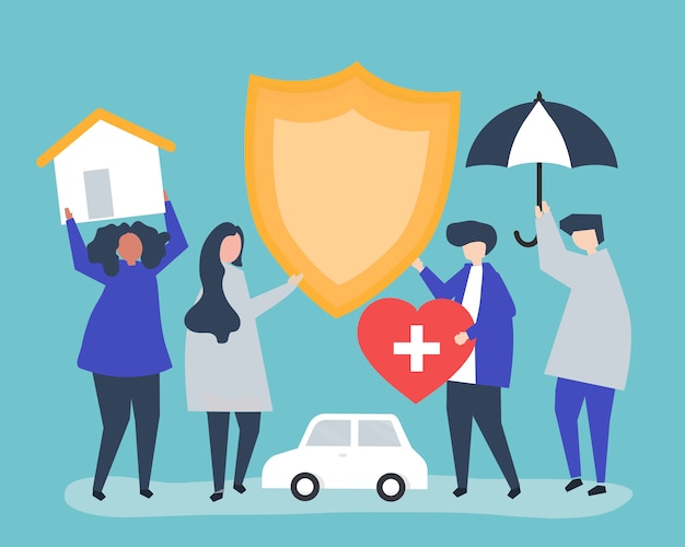 People carrying icons related to insurance Free Vector