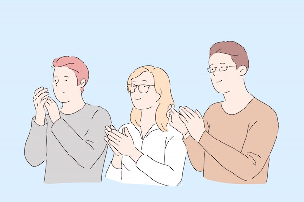 People clapping hands . young male and female friends, office workers applauding, social acknowledgement, colleagues, partners support and congratulation gesture. simple flat Premium Vector