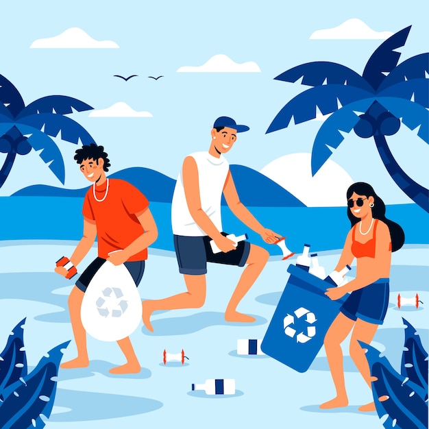 Free Vector | People cleaning beach concept
