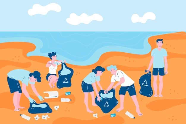 People cleaning the beach illustrated | Free Vector