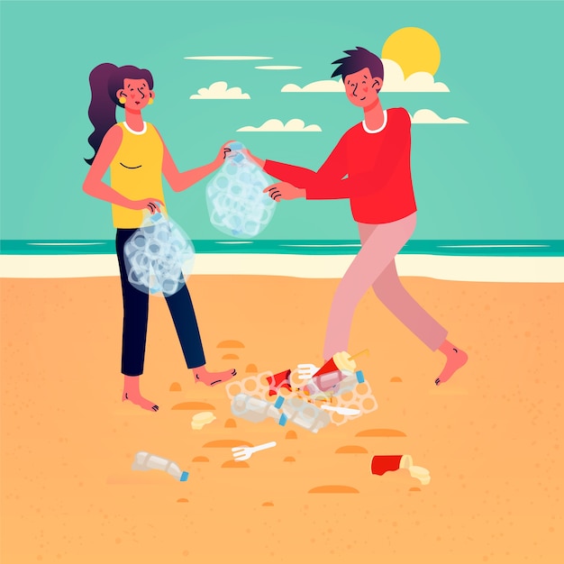 Free Vector | People cleaning beach illustration