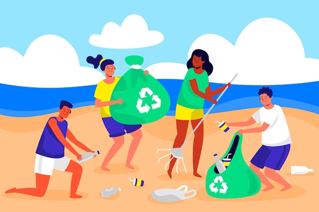 Free Vector | People cleaning beach illustration