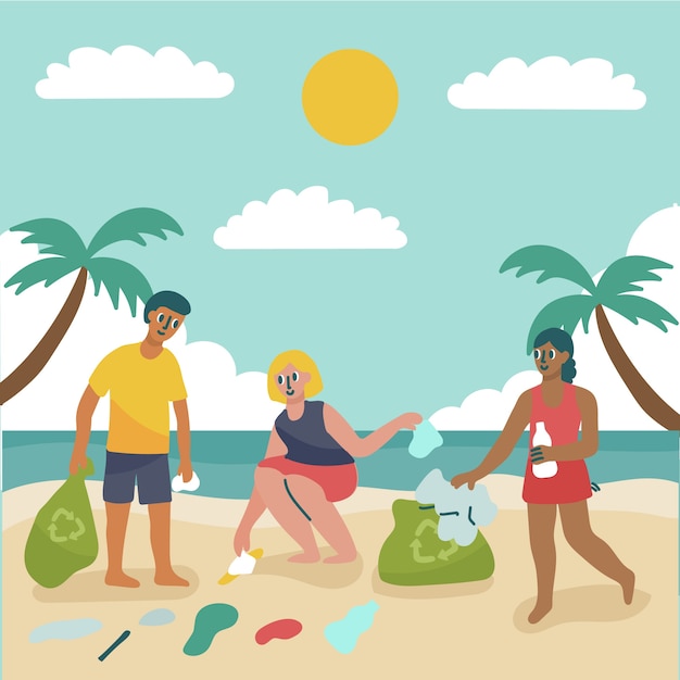 Free Vector | People cleaning beach illustration
