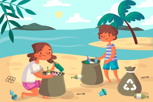 Free Vector | People cleaning beach illustration