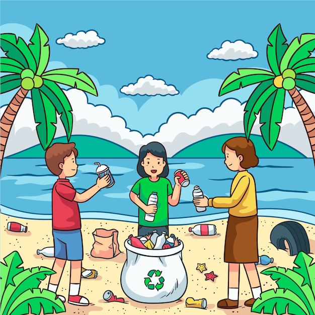 Free Vector | People cleaning beach