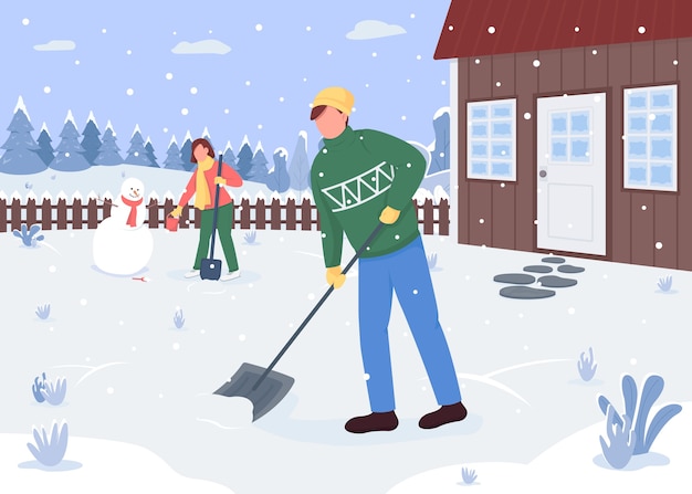 Premium Vector People Cleaning Snow Outside The House Flat Color Outside Activity Creating Snowman Lovely Couple 2d Cartoon Characters With Forest Covered With Snow On Background