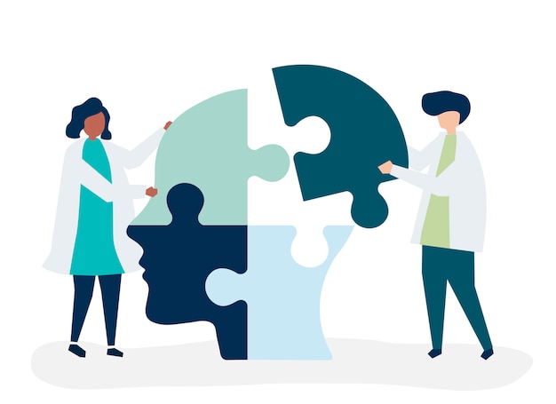 People connecting jigsaw pieces of a head together Free Vector