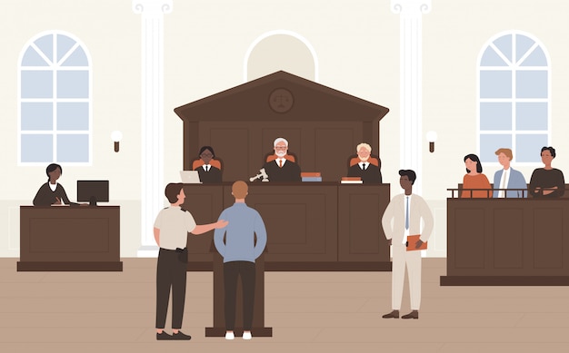 Premium Vector People In Court Illustration Cartoon Flat Advocate Barrister And Accused Character Standing In Front Of Judge And Jury On Legal Defence Process Or Court Tribunal Courtroom Interior Background