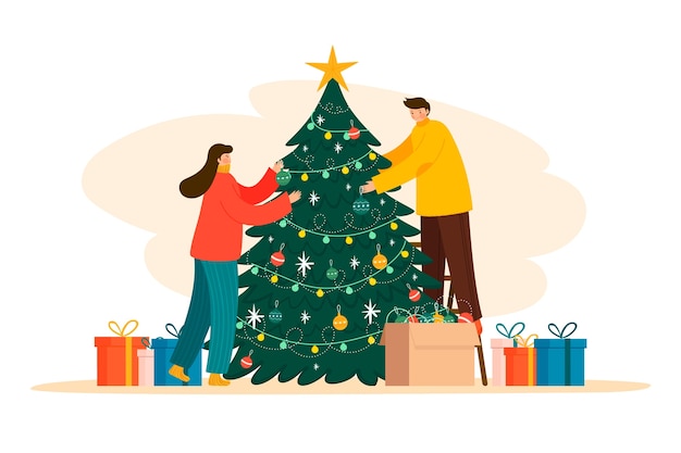 People Decorating Christmas Tree Illustration Vector Free