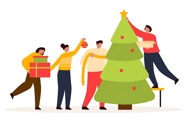 Free Vector | People decorating christmas tree together