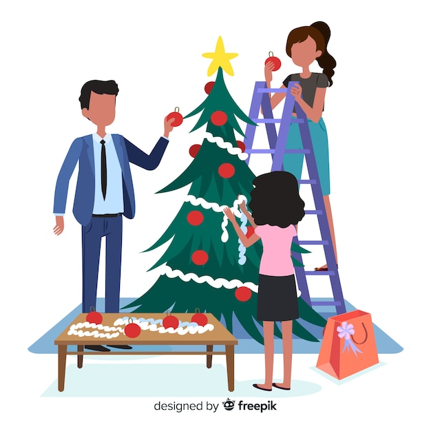 People Decorating Christmas Tree Vector Free Download