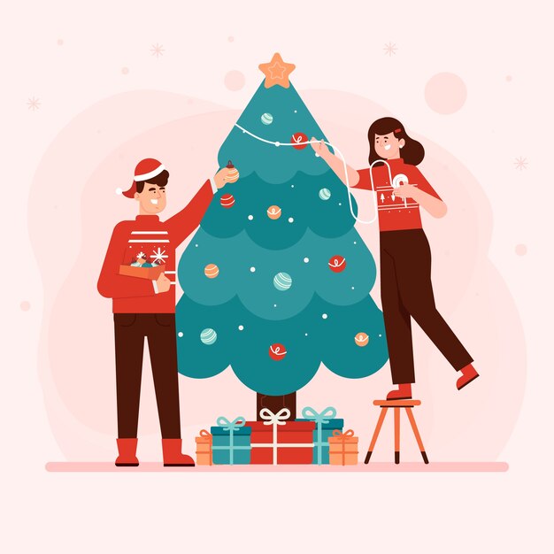 Download Free Vector People Decorating Christmas Tree PSD Mockup Templates