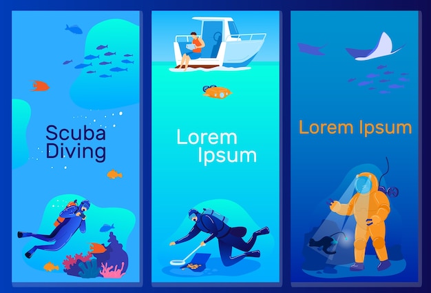 ダイビングベクトルイラストセット 漫画のフラットスキューバダイバーキャラクターが海や海の熱帯の自然にダイブし 自然のサンゴ礁の魚と泳ぐ プレミアムベクター