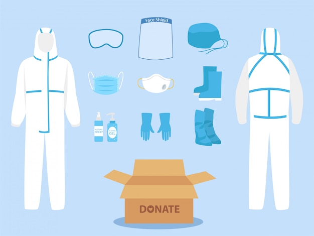 People donate ppe personal protective suit clothing isolated and safety equipment Premium Vector