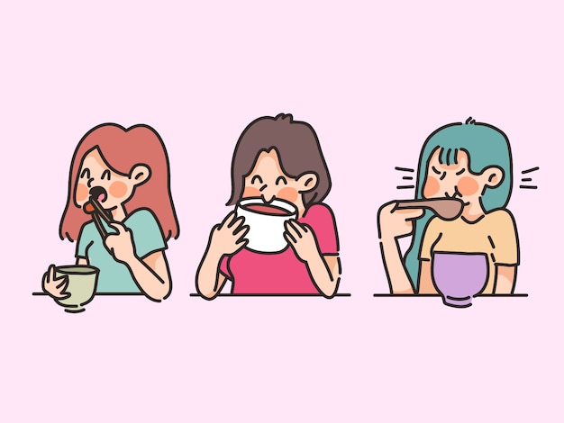 食品スープを食べている人幸せな健康食品かわいい漫画イラスト集 プレミアムベクター