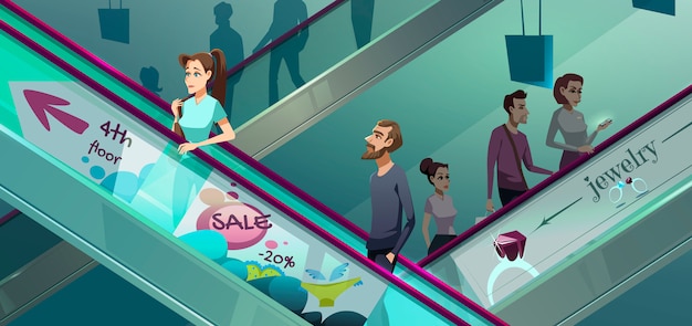 People on escalators in shopping center Free Vector