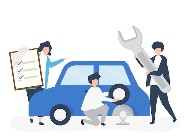 People exchanging a car tire Free Vector