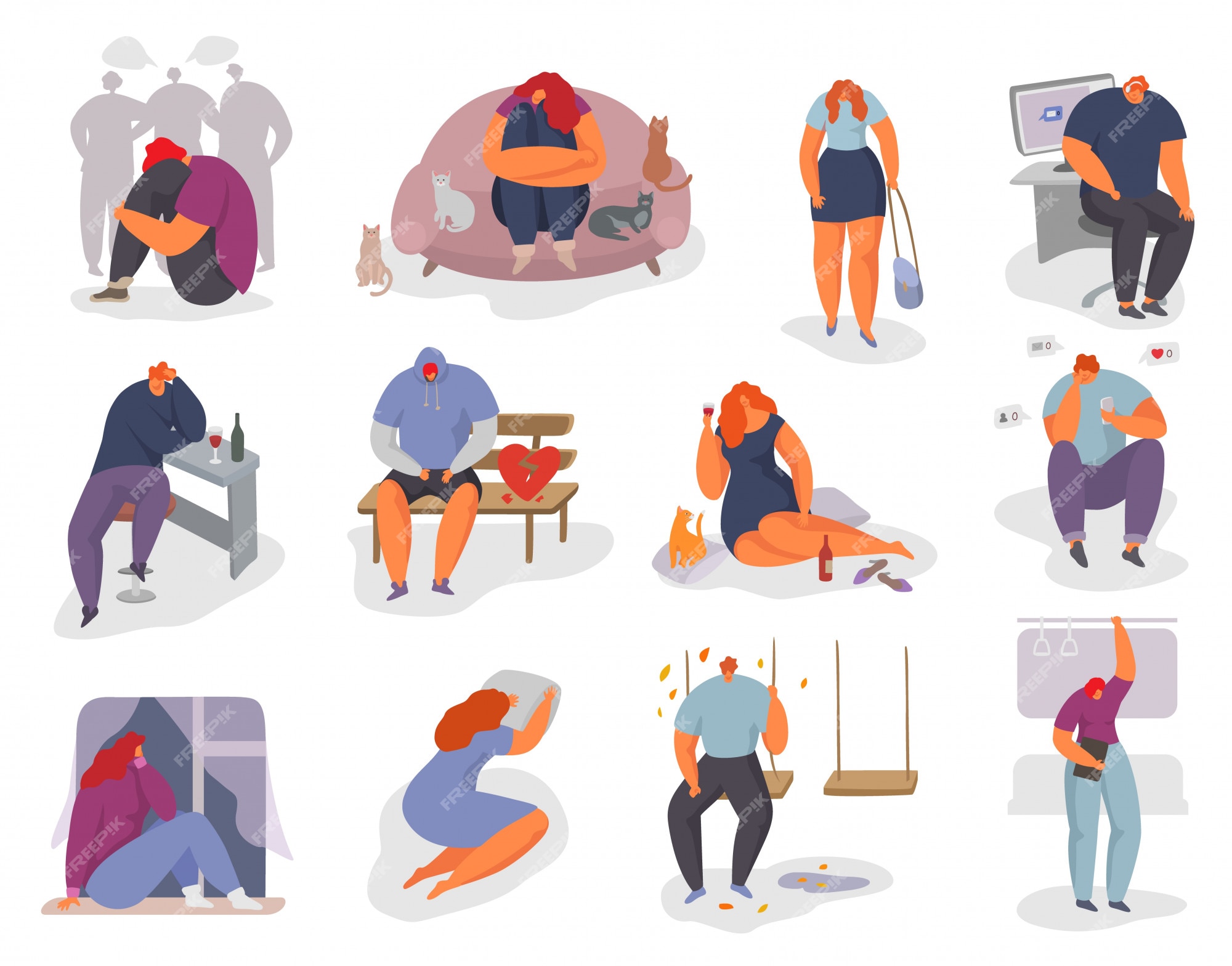 Premium Vector | People feel lonely illustration set, woman man ...