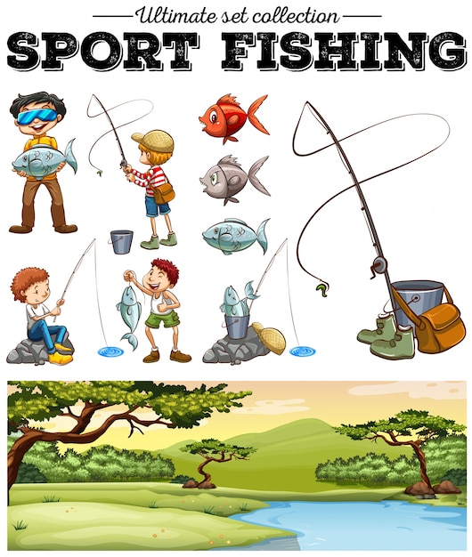 Download Premium Vector | People fishing and river scene illustration