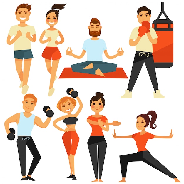 People fitness and sport exercise or training vector icons Premium Vector