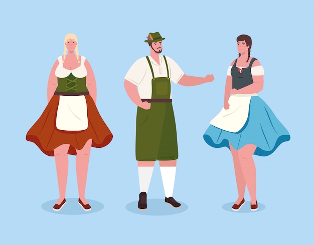 民族衣装 女性 バイエルンの伝統的な衣装の男性のドイツ人ベクトルイラストデザイン プレミアムベクター