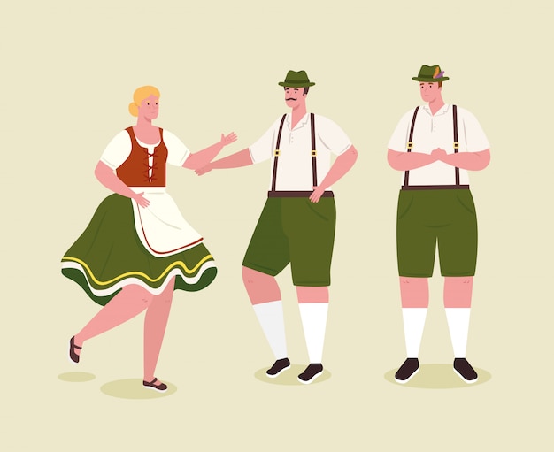 民族衣装のドイツ人 バイエルンの伝統的な衣装の男性と女性のベクトルイラストデザイン プレミアムベクター