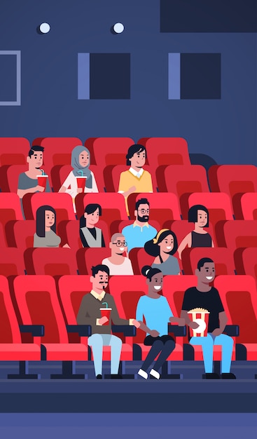 Premium Vector | People group watching movie sitting in cinema with ...